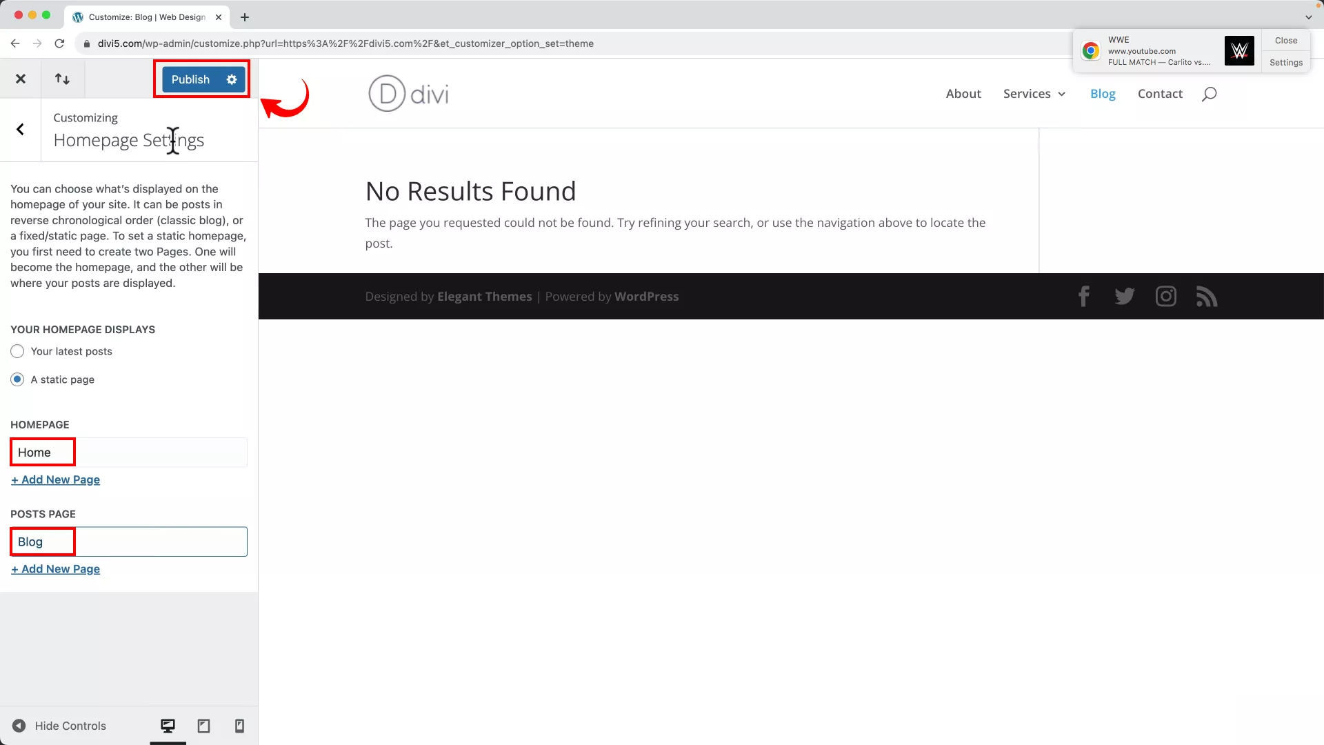 change homepage settings on WordPress