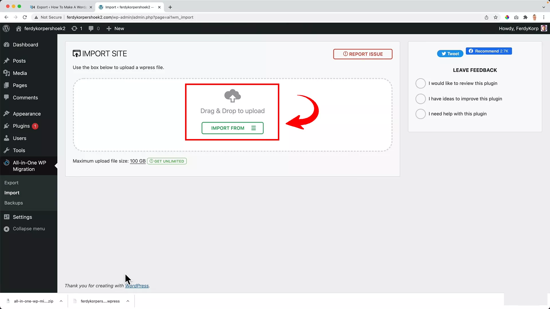 importing site backup WordPress