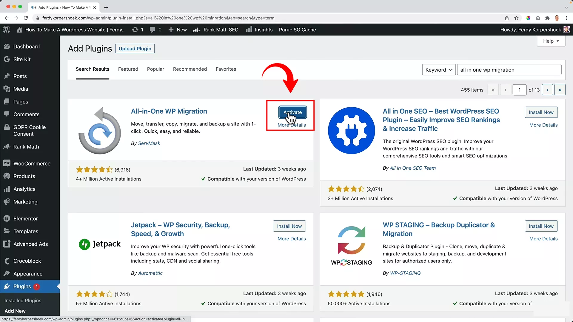 Activate all in one wp migration plugin on WoRdPress