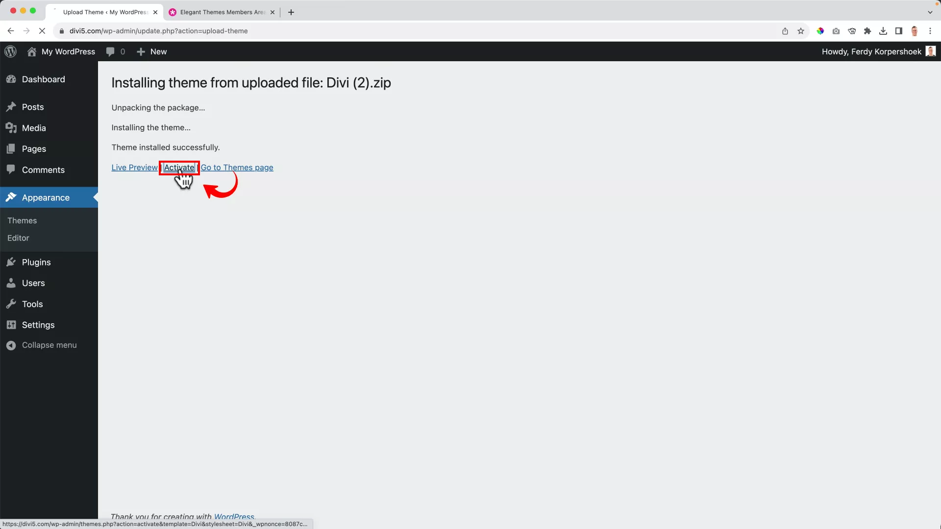 Activate Divi theme on WordPress