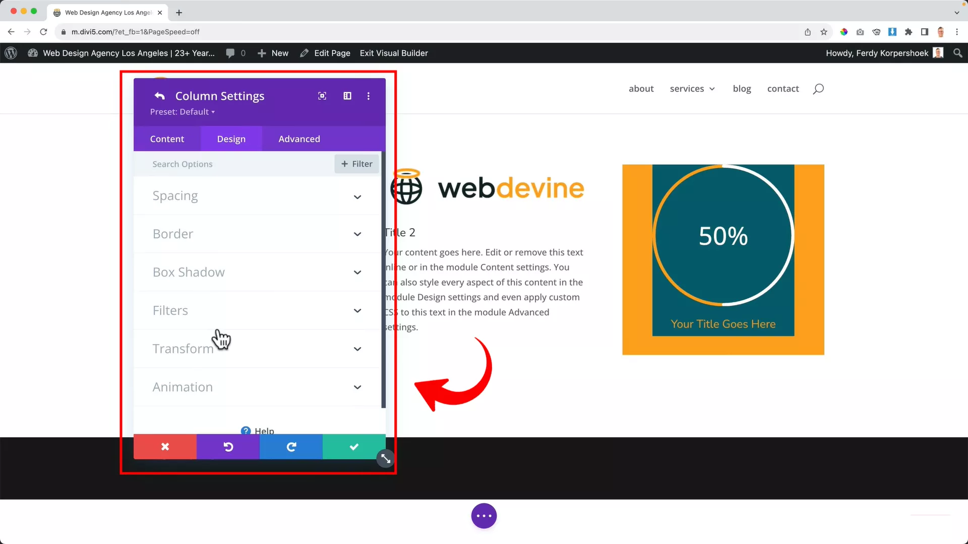 Divi theme column settings