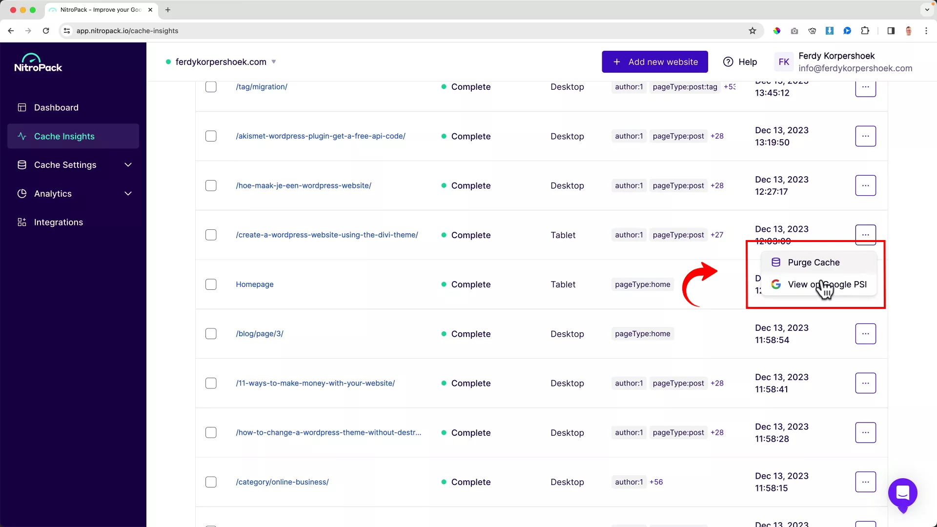 NitroPack and Google PageSpeed Index integration